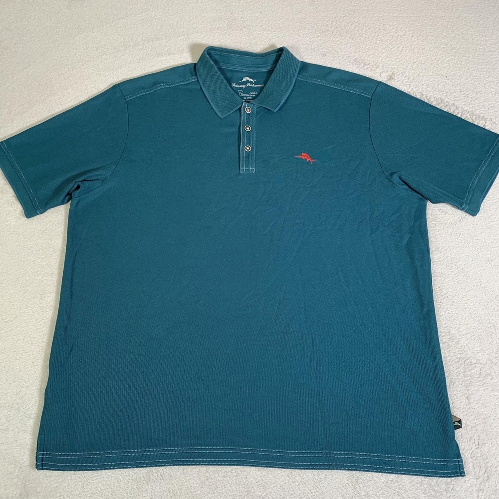 Tommy‎ Bahama Polo Shirt Mens XL Green Solid Supima Cotton Tagless Marlin Logo